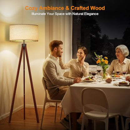 Wood Tripod Floor Lamp, Mid Century Standing Lamp, Modern Design Studying Light for Living Room, Bedroom, Study and Office, Flaxen Linen Shade with E26 Base Brown
