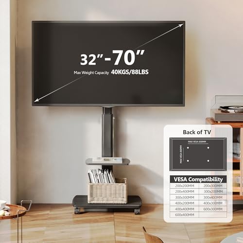 Rolling TV Stand, Mobile TV Cart on Wheels for 32-75 Inch Flat Screen, Tall Floor TV Stand with Swivel Mount for Bedroom, Outdoor, Home Office, Small Dorm, Black