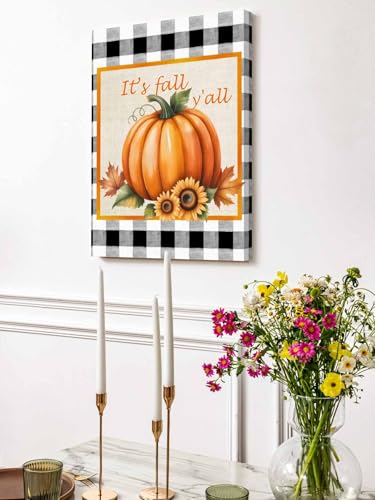 NuYeBiofx Thanksgiving Orange Pumpkin Sunflower Canvas Wall Art Prints,30"x20" Framed Picture Artwork Fall Leaf Buffalo Plaid Printed Canvas Oil Painting for Living Room Bedroom Office,Ready to Hang