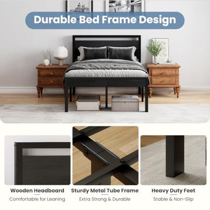 14 Inch Full Size Bed Frame with Wood Headboard, Black, view 5