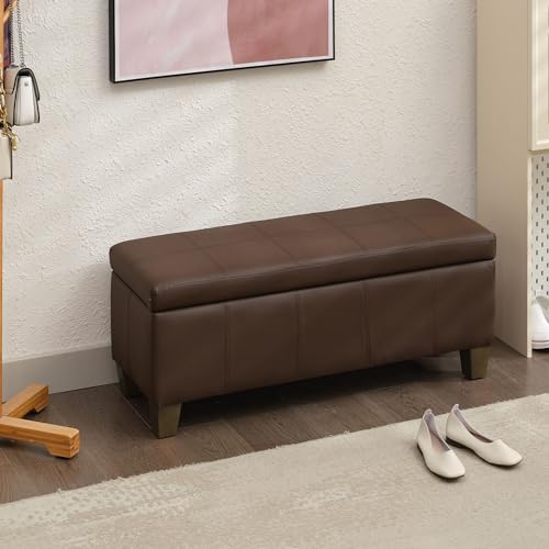41" Storage Ottoman, Storage Bench with Safety Hinge, Upholstered Synthetic Leather Ottoman Bench for Bedroom, Living Room, Entryway, Hallway, Foot Rest, Support 500lbs, Brown
