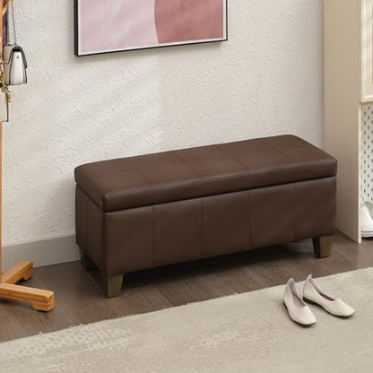 41" Storage Ottoman, Storage Bench with Safety Hinge, Upholstered Synthetic Leather Ottoman Bench for Bedroom, Living Room, Entryway, Hallway, Foot Rest, Support 500lbs, Brown