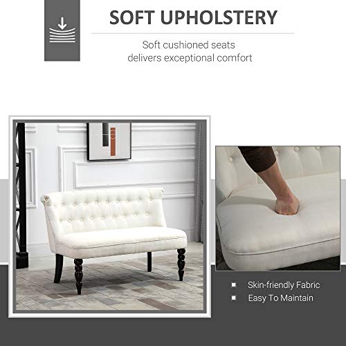 Fabric Loveseat with Wood Legs, Buton Tufted Settee, Cream White | Upholstered, Armless, Living Room