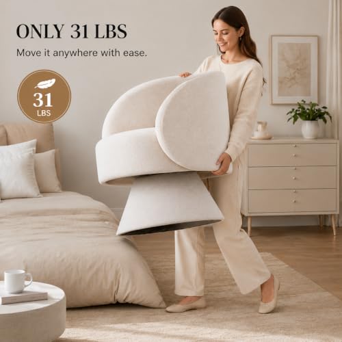 Swivel Barrel Chair 360 Degree Swivel Accent Chair with Armrest, Comfy Small Round Sherpa Swivel Vanity Chairs with Pillow for Living Room, Bedroom,Office (Beige White, Linen)