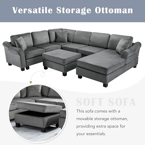 Sectional Sofa 111.8" U Shaped Sofa Chenille Upholstered Sofa Couch with Movable Storage Ottoman for Living Room, Dark Gray