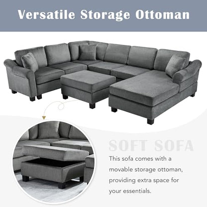 Sectional Sofa 111.8" U Shaped Sofa Chenille Upholstered Sofa Couch with Movable Storage Ottoman for Living Room, Dark Gray