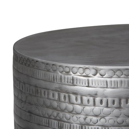 Boho 15" Metal Accent Side Table, Antique Silver Finish, Drum Shape, Handcrafted Solid Metal, Multipurpose End or Side Table for Living Room, Bedroom, Condo, Office