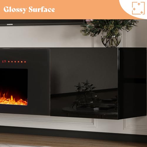 80" Floating TV Stand with 40" Electric Fireplace & LED Lights, view 6