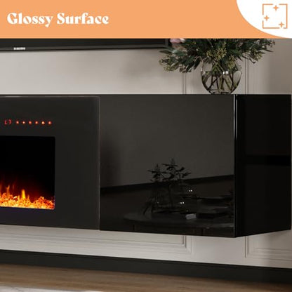 80" Floating TV Stand with 40" Electric Fireplace & LED Lights, view 6