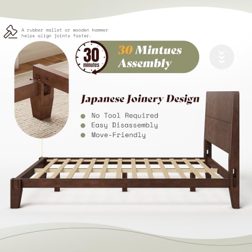 Solid Wood Queen Bed Frame with Headboard, Japanese Joinery,Walnut, view 5
