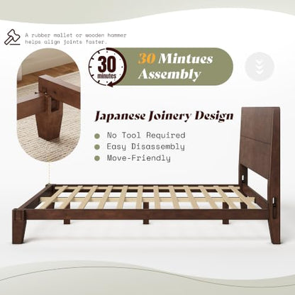 Solid Wood Queen Bed Frame with Headboard, Japanese Joinery,Walnut, view 5