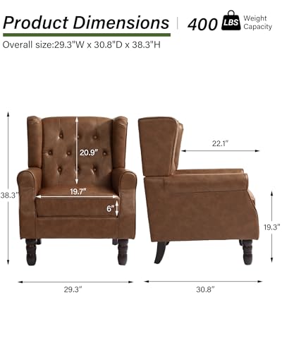 Accent Chair, Upholstered Armchair with Button Tufted High Back & Solid Wood Legs, Comfy Wingback Reading Single Sofa Chair for Small Spaces, Living Room, Bedroom (Leather Brown, Set of 2)