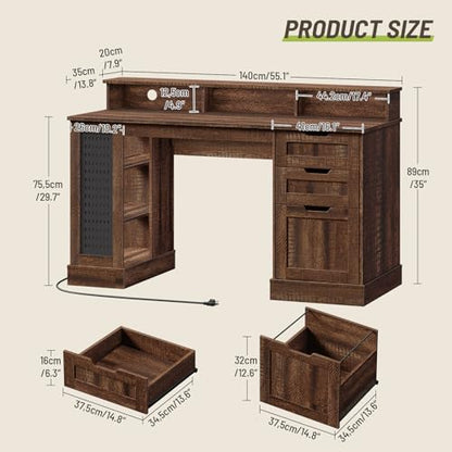 55inch Farmhouse Executive Desk with 2 Drawers and File Cabinet, Computer Desk with 3-Tier Storage Shelves, Home Office Desk with Charging Station, Pegboard and Monitor Shelf, Brown