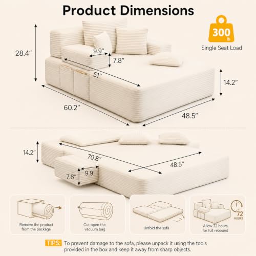 Oversized Chaise Lounge Chair Indoor,Corduroy Upholster Boneless Sofa Bed, view 3