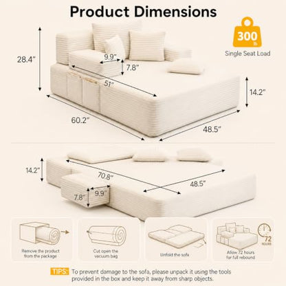 Oversized Chaise Lounge Chair Indoor,Corduroy Upholster Boneless Sofa Bed, view 3