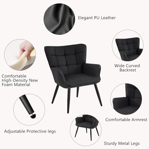 PU Leather Armchair, Modern Mid Century Accent Chair with Backrest & Metal Legs, Comfy Upholstered Barrel Chair for Living Room Bedroom Home Office Vanity Room, Black