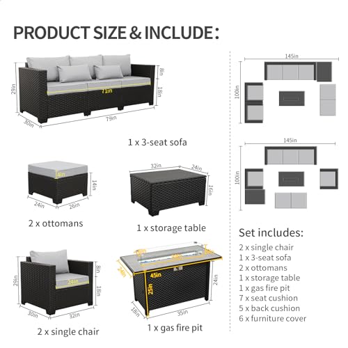 Patio Furniture Set 45 In Outdoor Fire Pits 7 Pieces Outdoor Patio Furniture 60000 BTU Outdoor Propane Fire Pit Table Patio Sofa Outdoor Chairs Anti-slip Cushions Waterproof Covers, Light Grey