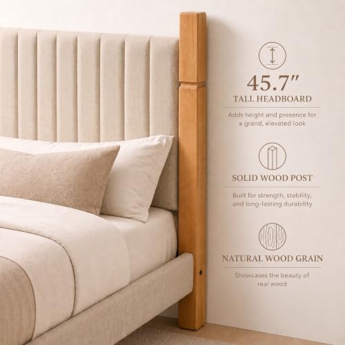 Solid Wood Queen Bed Frame with Upholstered Headboard, Beige, view 5