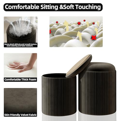 Round Ottoman with Storage Set of 2, Upholstered Velvet Storage Ottoman, Vanity Stool for Makeup, Foot Rest for Living Room, Bedroom, Black