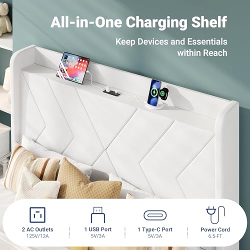Queen Size Velvet Bed Frame with Charging and Shelf, White, view 6