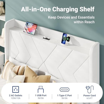 Queen Size Velvet Bed Frame with Charging and Shelf, White, view 6