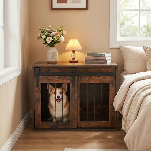Farmhouse Wooden Dog Crate Furniture with Sliding Barn Door, view 2