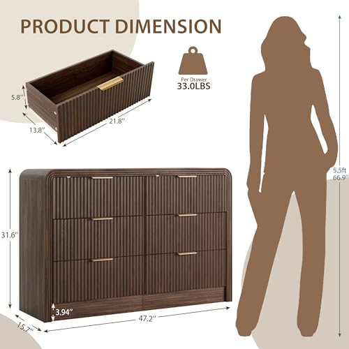 47" W Fluted 6-Drawer Dresser for Bedroom, Walnut, view 3