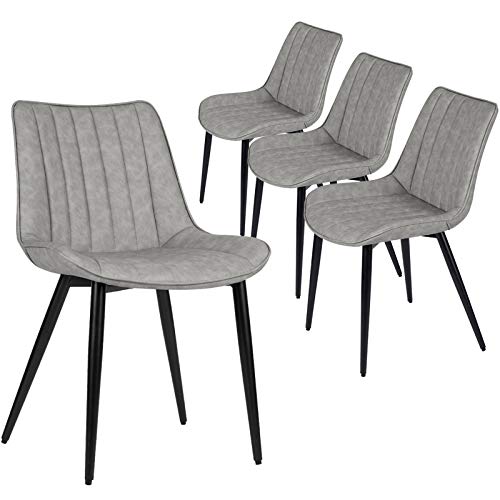4 PCS Faux Leather Dining Chairs, Mid Century Modern Leisure Upholstered Chair with Metal Legs for Kitchen Living Room Gray