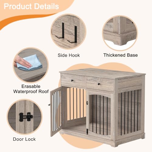 40" Dog Crate Furniture, Farmhouse Wooden Pet Kennel w/Drawer, view 7