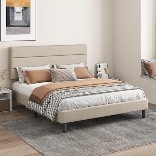 Queen Platform Bed Frame with Adjustable Linen Fabric Upholstered Headboard, view 5