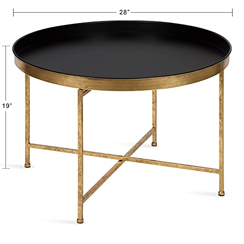 Celia Modern Round Coffee Table; 28 x 28 x 19; Black and Gold; Coffee Table for Living Room Decor; Storage; and Display