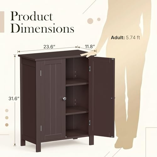 Modern Bathroom Floor Storage Cabinet with Adjustable Shelf and Double Door Rust Proof, Living Room Modern Home Furniture Storage Organizer Cabinet, Brown