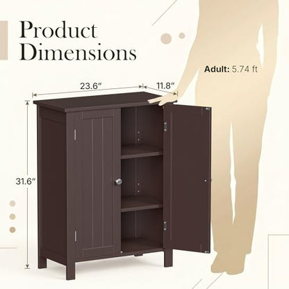 Modern Bathroom Floor Storage Cabinet with Adjustable Shelf and Double Door Rust Proof, Living Room Modern Home Furniture Storage Organizer Cabinet, Brown