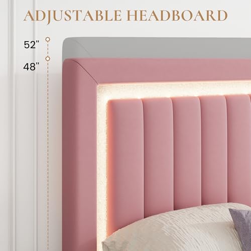 Queen Size Velvet Bed Frame with LED Light, Pink, view 8
