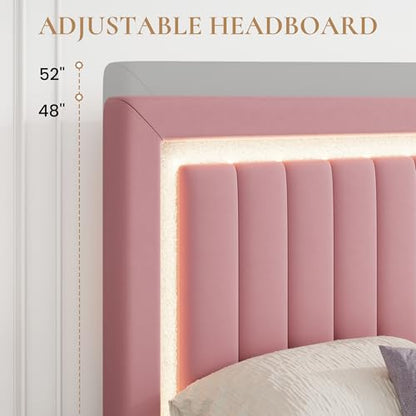 Queen Size Velvet Bed Frame with LED Light, Pink, view 8
