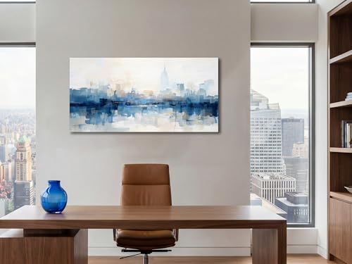NY Skyline Wall Art Abstarct Cityscape Canvas Painting 40"x20" | new york print for living room blue white NYC picture artwork framed for bedroom office home hallway wall decoration