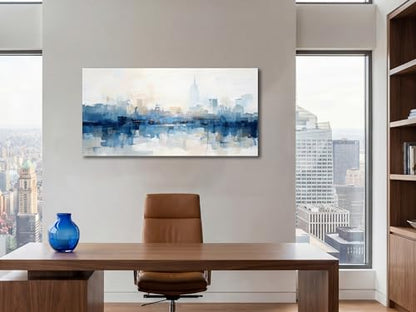 NY Skyline Wall Art Abstarct Cityscape Canvas Painting 40"x20" | new york print for living room blue white NYC picture artwork framed for bedroom office home hallway wall decoration