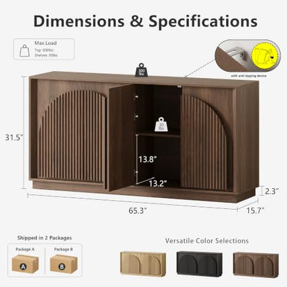 Fluted Sideboard Buffet Cabinet with Storage, 65" Mid Century Modern Accent Cabinet with Double-Layered Arch Doors,Wood Media TV Console Table Credenza for Living Dining Room Entryway,Walnut