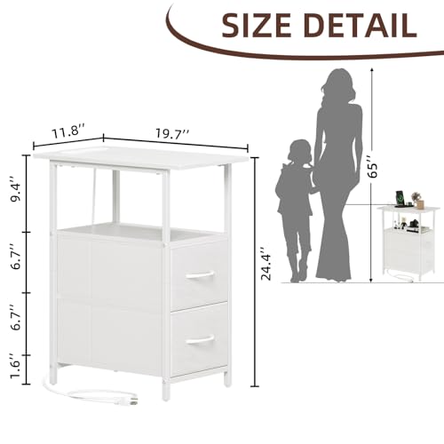 End Table with Charging Station, Narrow Side Table with 2 Fabric Drawers, Skinny Nightstand with Storage, Small Slim Bedside Table for Living Room, Sofa, Bedroom, Couch, White Leather