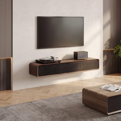 63" Fully Assembled Wood Floating TV Stand, Walnut and Black, view 2