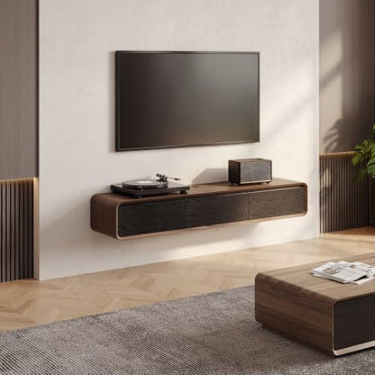63" Fully Assembled Wood Floating TV Stand, Walnut and Black, view 2