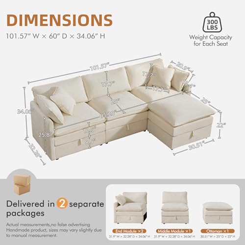 Modular Sectional Sofa with Storage Ottomans,102" L-Shaped Cloud Couch,Comfy Modern Couches with Pillows & Upholstered Deep Seat Cushion for Apartment Living Room Bedroom（Beige）