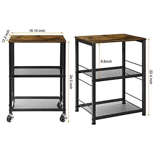 Side Table Small with Wheels Industrial Night Stand Storage Shelf 3 Tier Wood End Table with Metal Frame for Small Space Living Room Bedroom Kitchen Office