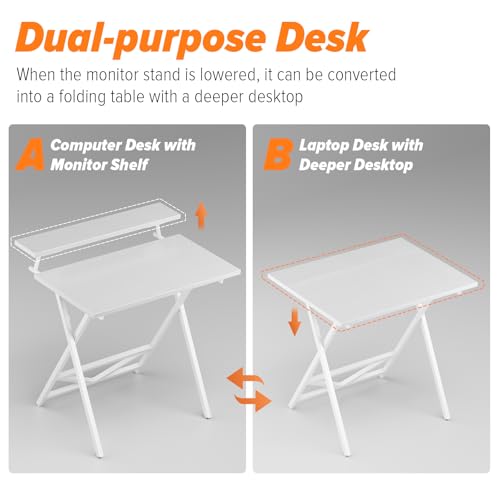 Folding Computer Desk with Adjustable Height, 23.6" x 31.5" x 25.6" Foldable Table with Monitor Stand, Small Office Desk for Bedroom, Space Saving Desk for Home Office, Easy Assemble, White