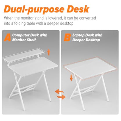 Folding Computer Desk with Adjustable Height, 23.6" x 31.5" x 25.6" Foldable Table with Monitor Stand, Small Office Desk for Bedroom, Space Saving Desk for Home Office, Easy Assemble, White