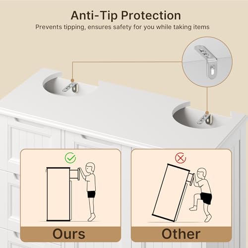 Storage Cabinet, White Bathroom Storage Cabinet with 4 Drawers & Double Doors, Adjustable Shelf, Modern Floor Cabinet for Bathroom, Kitchen, Living Room, Entryway, White