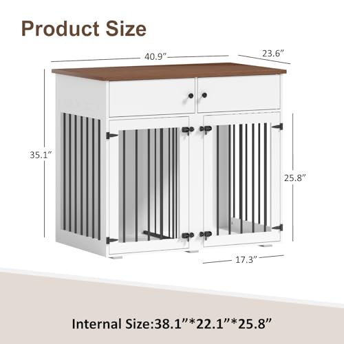 Dog Crate Furniture for 2 Dogs, 41 Inch Double Dog Cage, White, view 3
