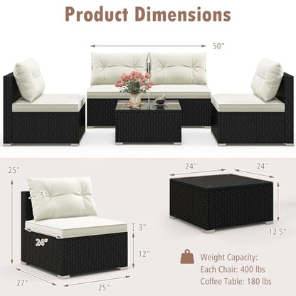 5-Piece Outdoor Patio Furniture Set, Rattan Sectional Sofa Set w/Glass-Top Coffee Table, Soft Seat & Back Cushions, Bistro Set for Garden Backyard Porch, Wicker Conversation Set (Off White)