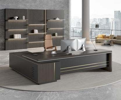 87" Reversible L-Shaped Executive Desk with Drawers, Modern Large Office Desk with Open Shelves, Ventilated CPU Compartment, Built-in Outlet & USB Ports – Home Office Desk (87"L x 69"W x 30"H)