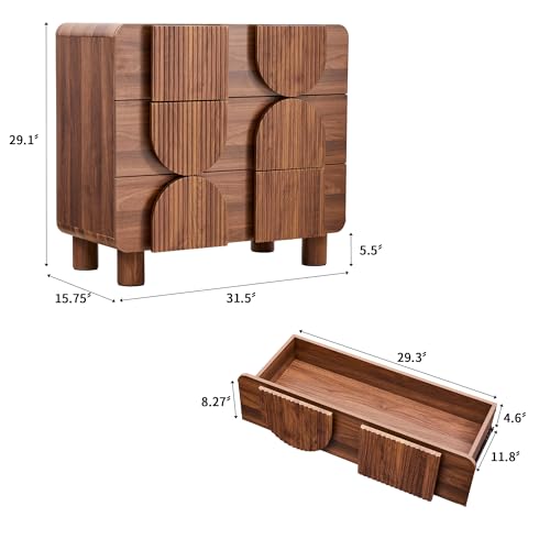 3 Drawer Nightstand Set of 2, Walnut Wooden Dresser with Curved Profile, Mid-Century Modern Bedside Cabinet for Bedroom Living Room Entryway, 31.5" W x 15.75" D x 29.1" H